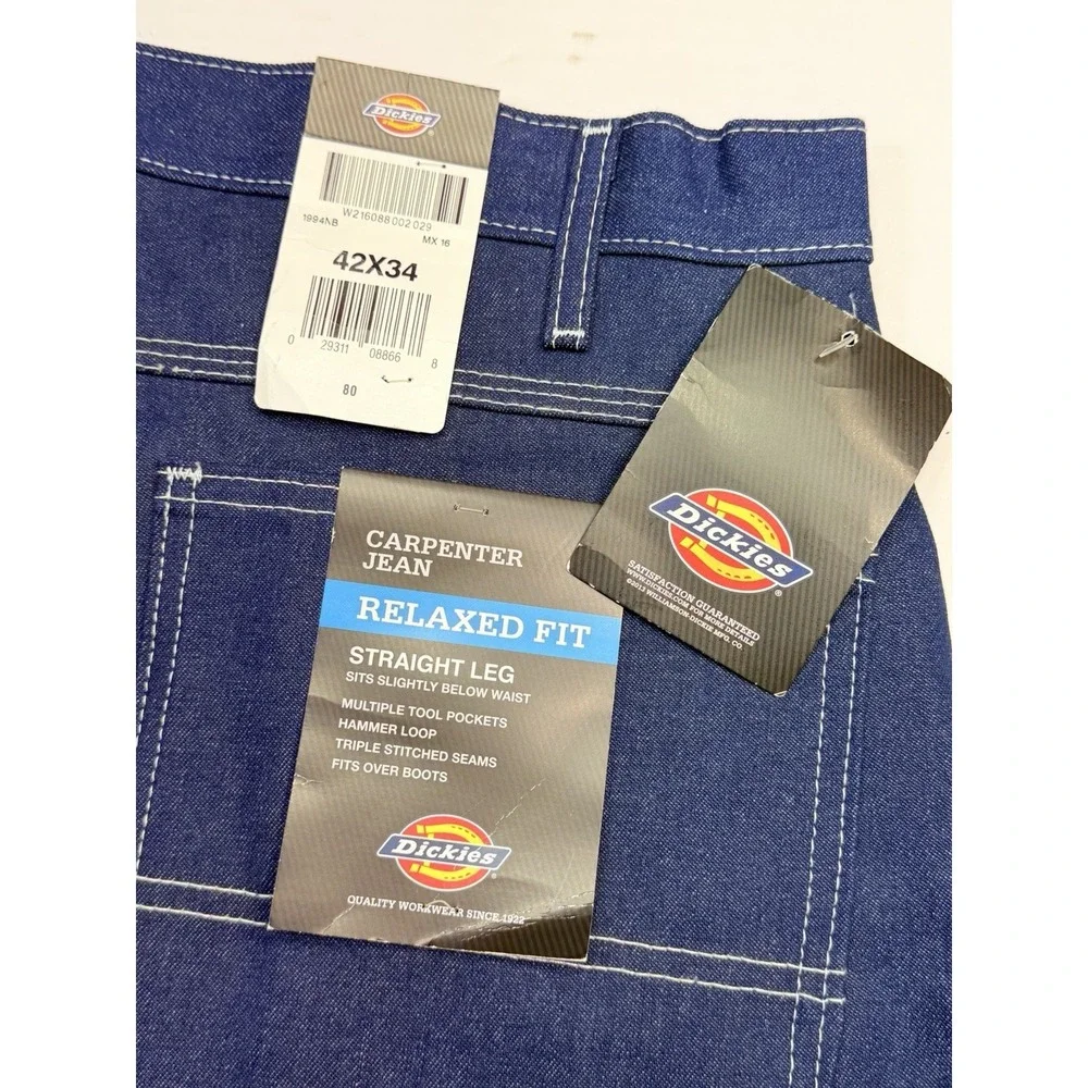 NWT Dickies Carpenter Jeans Relaxed Fit Straight Leg 42x34 Dark Wash Workwear